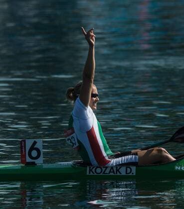 Gold medalist Danuta Kozak of Hungary celebrates after winning in women s kayak single (k1) 500m competition of Canoe Sprint event, at London 2012 Olympic Games in Britain, on August 9, 2012. (Xinhua Cheng Min) (nxl) (OLY2012)BRITAIN-LONDON-CANOE SPRINT-WOMEN S KAYAK SINGLE (K1) 500M 