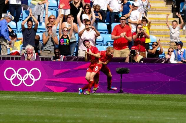09.08.2012 Coventry, England. Rhian WILKINSON (Canada) celebrates scoring the winning goal during the Olympic Football Women s Bronze match play-off game between France and Canada from the City of Coventry Stadium xAnthonyxStanleyx  ActionPlus11314545