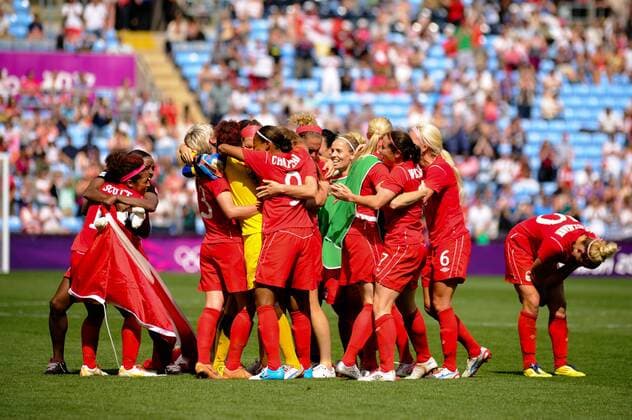 09.08.2012 Coventry, England. Rhian WILKINSON (Canada) celebrates scoring the winning goal with her team mates during the Olympic Football Women s Bronze match play-off game between France and Canada from the City of Coventry Stadium xAnthoneyxStanleyx  ActionPlus11314547