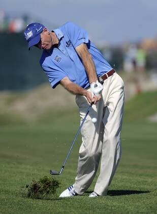 Jim Furyk uses an iron from the fairway at hole 16 during the first round of the PGA Golf Herren Championship on August 9, 2012 at the Ocean Course in Kiawah Island, South, Carolina. Furyk had trouble with his next stroke, a chip shot from the fringe, and double bogeyed the hole.  SCP20120809115