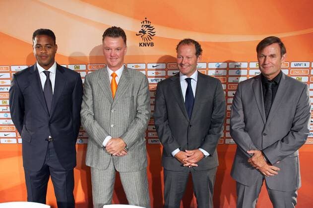 (L-R) assistant trainer Patrick Kluivert of Holland,coach Louis van Gaal of Holland,assistant trainer Danny Blind of Holland,goalkeeper trainer Frans Hoek of Holland Louis van Gaal Unveiled as New Netherlands National Team Coach 2012 2013 xVIxxIVx 1086825