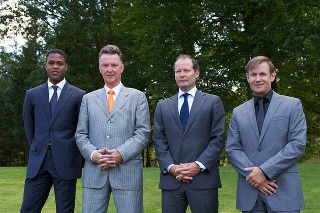 (L-R) assistant trainer Patrick Kluivert of Holland,coach Louis van Gaal of Holland,assistant trainer Danny Blind of Holland,goalkeeper trainer Frans Hoek of Holland Louis van Gaal Unveiled as New Netherlands National Team Coach 2012 2013 xVIxxIVx 1086828