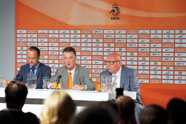 (L-R) chairman Bert van Oostveen,coach Louis van Gaal of Holland,Press officer Kees Jansma Louis van Gaal Unveiled as New Netherlands National Team Coach 2012 2013 xVIxxIVx 1086867