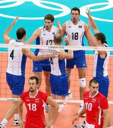 LONDON, Aug. 10, 2012 - Russian players celebrate during men s volleyball semifinal between Russia and Bulgaria at London 2012 Olympic Games, London, Britain, Aug. 10, 2012. Russia won the match 3-1. (OLY2012)BRITAIN-LONDON-MEN S VOLLEYBALL-SEMIFINAL 
