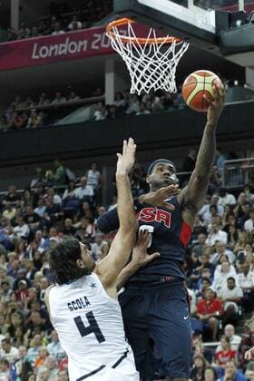 10 August 2012: USA LeBron James goes for the layup over Argentina Luis Scola during 109-80 Team USA victory over Team Argentina, during the men s basketball semi-finals, at the North Greenwich Arena, in London, Great Britain. OLYMPICS: AUG 10 London 2012 - Basketball - Team USA v Team Argentina Icon483120810021 EDITORIAL USE ONLY