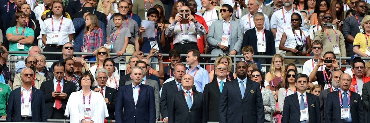 LONDON, Aug. 11, 2012 - International Olympic Committee President Jacques Rogge (IOC, 3rd L, 1st row) and FIFA president Joseph Blatter (C, 1st row) watch the men s football goldmedal match between Brazil and Mexico, at London 2012 Olympic Games in London, Britain, on August 11, 2012. (OLY2012)BRITAIN-LONDON-MEN S FOOTBALL-FINAL 