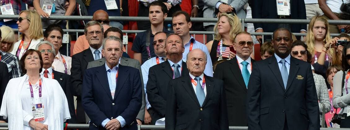 LONDON, Aug. 11, 2012 - International Olympic Committee President Jacques Rogge (2nd L, 1st row) and FIFA president Joseph Blatter (3rd L, 1st row) watch the men s football goldmedal match between Brazil and Mexico, at London 2012 Olympic Games in London, Britain, on August 11, 2012. (OLY2012)BRITAIN-LONDON-MEN S FOOTBALL-FINAL 