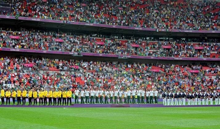 Gold medalists of Mexico, silver medalists of Brazil and bronze medalists of South Korea attend awarding ceremony of men s football, at London 2012 Olympic Games in London, Britain, on August 11, 2012. (OLY2012)BRITAIN-LONDON-MEN S FOOTBALL-GOLD 