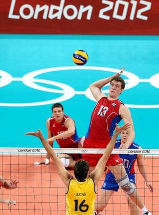 LONDON, Aug. 12, 2012 - Dmitriy Muserskiy (RUS) Players compete in men s volleyball match between Russia and Brazil, at London 2012 Olympic Games in London, Britain, on August 12, 2012. (Xinhua Fan Jun) (nxl) (OLY2012)BRITAIN-LONDON-VOLLEYBALL-MEN 