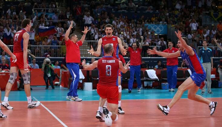 LONDON, Aug. 12, 2012 - Russian players celebrate after men s volleyball gold medal match, at London 2012 Olympic Games in London, Britain, on August 12, 2012. Russia won 3-2. (Xinhua Wang Lili) (nxl) (OLY2012)BRITAIN-LONDON-VOLLEYBALL-MEN 