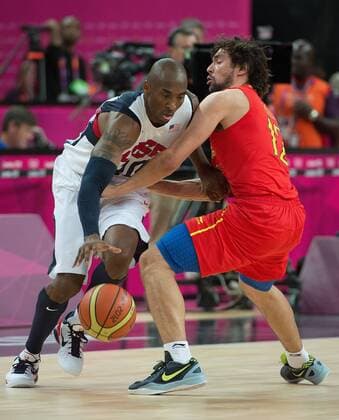 Aug. 12, 2012 - London, GBR - USA s Kobe Bryant (10) is pressured by Spain s Sergio Llull (12) during their Gold Medal game at the at the North Greenwich Arena during the 2012 Summer Olympic Games in London, England, Sunday, August 12, 2012. USA defeated Spain 107-100. 2012 Summer Olympics Basketball Men s Gold Medal Game - ZUMAm67
