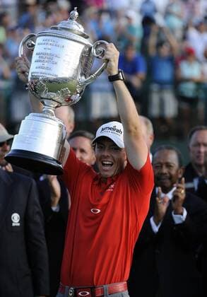Rory McIlroy of Northern Ireland holds the Wanamaker Trophy after winning in the PGA Golf Herren Championship by 8-strokes with a 13-under par total score on August 12, 2012 at the Ocean Course in Kiawah Island, South, Carolina.  SCP20120812130