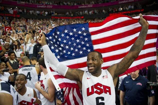 Aug. 12, 2012 - London - LEBRON JAMES celebrates Team USA s 107-100 win for the gold medal in the Men s Basketball final game during the London Olympics 2012 at the North Greenwich Arena. Olympics 2012 - Basketball - - ZUMAj89