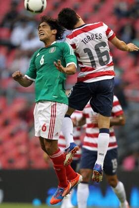 15 August 2012: Manuel Viniegra (MEX) (6) and Jose Francisco Torres (USA) (16) challenge for a header. The United States Men s National Team defeated the Mexico Men s National Team 1-0 at Estadio Azteca in Mexico City, Mexico in an international friendly soccer match. SOCCER: AUG 15 Mexico v USA Icon918120815013 EDITORIAL USE ONLY