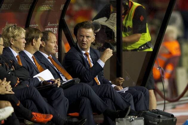 (L-R) teammanager Hans Jorritsma of Holland,goalkeeper trainer Frans Hoek of Holland,assistant trainer Danny Blind of Holland,coach Louis van Gaal of Holland,assistant trainer Patrick Kluivert of Holland Belgium v Netherlands. Friendly match 2012 2013 xVIxMAURICExVANxSTEENxIVx 1099254