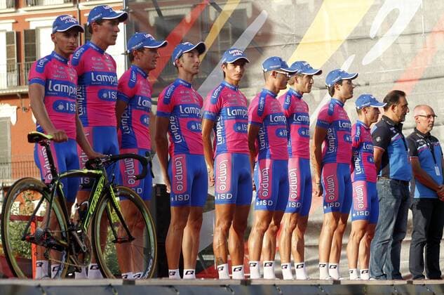 Team Lampre-ISD during the official presentation of La Vuelta 2012. Damiano Cunego, Winner Anacona Gomez, Davide Cimolai, Denys Kostyuk, Oleksandr Kvachuk, Marco Marzano, Przemyslaw Niemiec, Morris Possoni and Davide Vigano. August 17,2012.  (201208172629)
