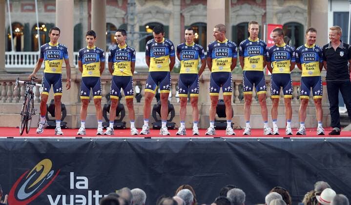 Team Saxo Bank during the official presentation of La Vuelta 2012. Alberto Contador (l), Jesus Hernandez, Rafal Majka, Daniel Navarro, Benjamin Noval, Sergio Miguel Moreira Paulinho, Bruno Pires, Nicki Sorensen and Matteo Tosatto. August 17,2012.  (201208172634)