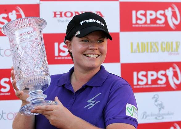 18.08.2012. Denham, Buckinghamshire, England. British Masters Champion Lydia Hall of Wales with the winner s trophy after the third and final round of the ISPS Handa Ladies British Masters event at The Buckinghamshire Golf Club, Denham, Greaater London - Saturday 18th August 2012 xActionplusxOperationsx  ActionPlus11319008