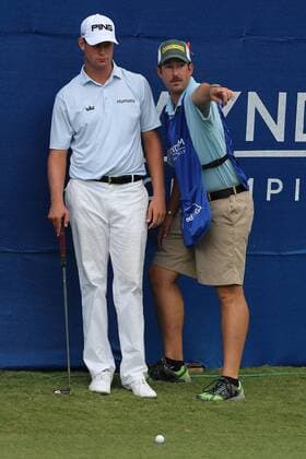 18 Aug 2012: Harris English talks over his penalty stroke with his caddie during third round action at the the Wyndham Championship Tournament at Sedgefield Country Club, Greensboro, North Carolina. GOLF: AUG 18 PGA Golf Herren - Wyndham Championship Icon201208180774 EDITORIAL USE ONLY