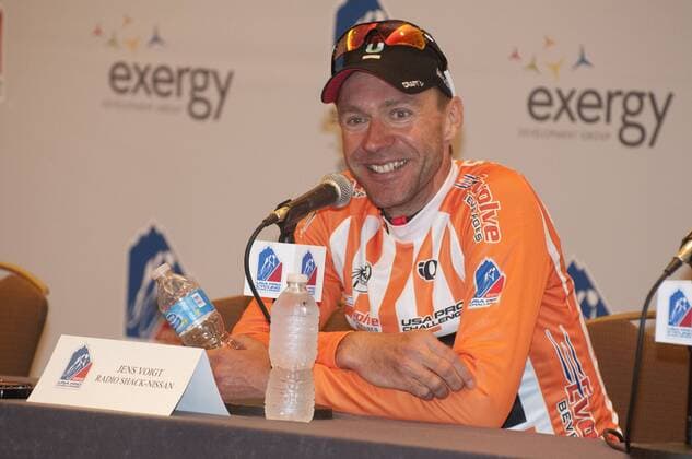 Aug. 23, 2012 - Aspen, Colorado, U.S. - JENS VOIGT of Team Radio Shack-Nissen winner of stage 4 of the USA Pro Cycling Challenge at the press conference. Cycling 2012 - USA Pro Challenge - Stage 4 - ZUMAw11