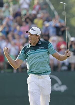 Nick Watney reacts after making a birdie on the 18th hole in the final round of The Barclays 2012 FedExCup Playoffs at The Black Course at Bethpage State Park in Farmingdale, New York on August 26, 2012. Watney wins with a score of 10 under par.  NYP20120826120