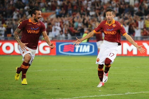 Jubel nach dem Tor von Nicolas Lopez (Roma) , AS Rom - Catania Calcio AntoniettaxBaldassarre