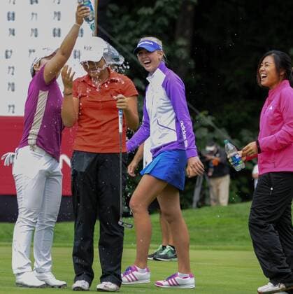 Aug. 26, 2012 - Coquitlam, BC, Canada - August 26, 2012 - Coquitlam, British Columbia, Canada - LIDIA KO getting a water shower from some other players on the 18th green during the Final Round of the CN Canadian Women s Open at The Vancouver Golf Club. Golf 2012 - Canadian Woman s Open - Final Round  - ZUMAs11