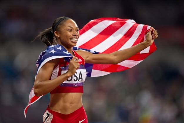 Staffellaeuferin Allyson FELIX (USA) jubelt. 15.Wettkampftag: Leichtathletik, 4x100m Staffel Finale der Frauen im Olympiastadion am 10.08.2012. Olympische Sommerspiele London 2012. -- Olympic Summer Games London 2012,