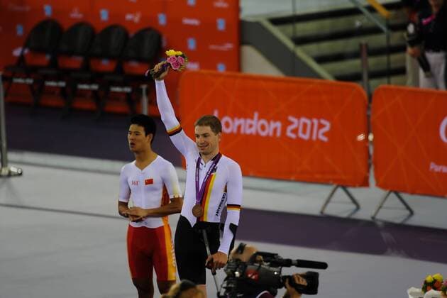 08.30.2012. London, England. Medal Individual C1-2-3 1Km Presentation. Gold Yu Zhans Li (China), Bronze Tobias Graft Germany Cycling, Velodrome, Olympic Park, England, 2012 Paralympic Games. xAnthoneyxStanleyx  ActionPlus20188554