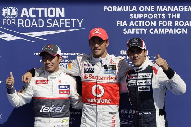 Kamui Kobayashi (F1 Sauber). Jenson Button (McLaren Mercedes), Pastor Maldonado (Williams) after qualifying in Spa GP Belgien 2012 Formel 1 Grand Prix Belgien 2012