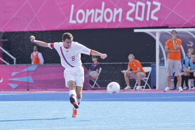 03.09.2012 London, England. Ivan Potekhin (RUS) in action during the Mens 7-a-side Football Preliminary Round Group A game between Russia and Holland from the Riverbank Arena. xMikexVareyx  ActionPlus11325581