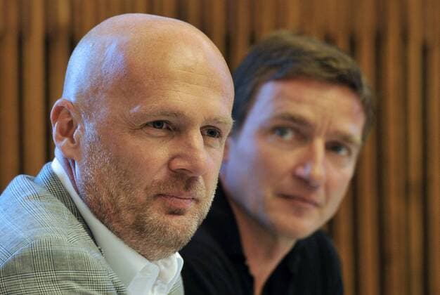 Meeting of the Czech national soccer team ahead of the World Cup qualification match in Denmark in Prague, Czech Republic on September 3, 2012. Coach of the Czech national team Michal Bilek (left) and team manager Vladimir Smicer speak with journalists during press conference. (CTKxPhoto MichalxKamaryt)  CTKPhoto233201209030457401