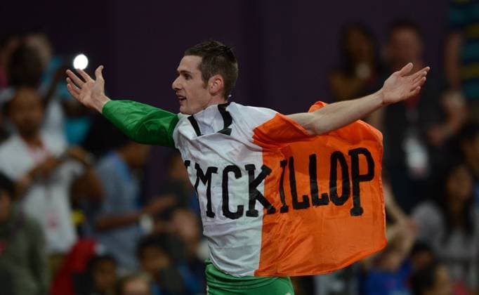 (120904) -- LONDON, Sept. 4, 2012 (Xinhua) -- Michael Mckillop of Ireland celebrates after the men s T37 1500m final of athletics competition at the London 2012 Paralympic Games in London, Britain, Sept. 3, 2012. Mckillop won the gold with 4 minutes and 8.11 seconds. (Xinhua Yang Lei) BRITAIN-LONDON-PARALYMPIC GAMES-ATHLETICS 