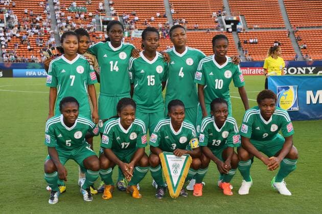 SEPTEMBER 4, 2012 - U 20 Nigeria Women s team group line up, f.li.: Esther Sunday, Ibubeleye Whyte, Asisat Oshoala, Josephine Chukwunonye, Ugo Njoku, Ngozi Okobi; vorn: Cecilia Nku, Francisca Ordega, Gloria Ofoegbu, Fasilat Adeyemo, Desire Oparanozie -- FIFA U 20 Women s World Cup 2012 Semifinal at National Stadium, Tokyo. (mrva077641)