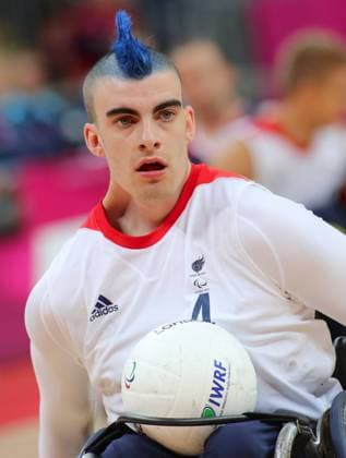 New star of the Paralympics Davis Anthony of Team GB Rugby wheelchair scores during their match against the USA at the London Paralympics 2012, September 5, at the Olympic Park.k. AndrexCamara i-Images 