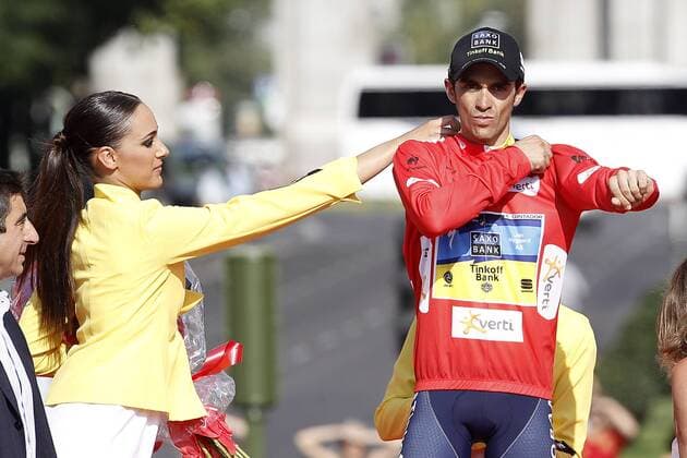 Alberto Contador with the red jersey celebrates the victory in the Overall Standing on Time of La Vuelta 2012.September 9,2012.  (201209095662)