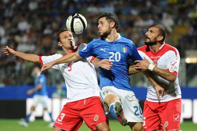 Mattia Destro (Italia) Luke Dimech e Alexander Muscat (Malta) 11 09 2012 Modena Football Calcio 2012 2013 WM Qualifikation Italia vs Malta AntoniettaxBaldassarre