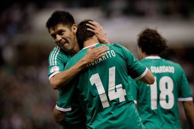 MEXICO CITY, Sept. 11, 2012 - Mexico s Javier - Chicharito - Hernandez (Front) celebrates with his teammate Oribe Peralta (L) after scoring during the 2014 World Cup qualifying soccer match against Costa Rica, at Azteca stadium, in Mexico City, capital of Mexico, on Sept. 11, 2012. (Xinhua Pedro Mera) (pm) (da) (py) MEXICO-MEXICO CITY-SOCCER-FIFA WORLD CUP QUALIFIER-MEXICO VS COSTA RICA 