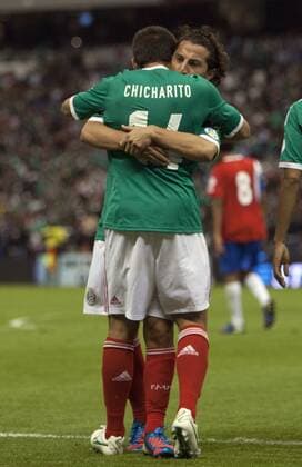 MEXICO CITY, Sept. 11, 2012 - Mexico s Javier - Chicharito - Hernandez (Front) celebrates with his teammate Andres Guardado after scoring during the 2014 World Cup qualifying soccer match against Costa Rica, at Azteca stadium, in Mexico City, capital of Mexico, on Sept. 11, 2012. (Xinhua Miguel Tovar) (mt) (da) (py) MEXICO-MEXICO CITY-SOCCER-FIFA WORLD CUP QUALIFIER-MEXICO VS COSTA RICA 