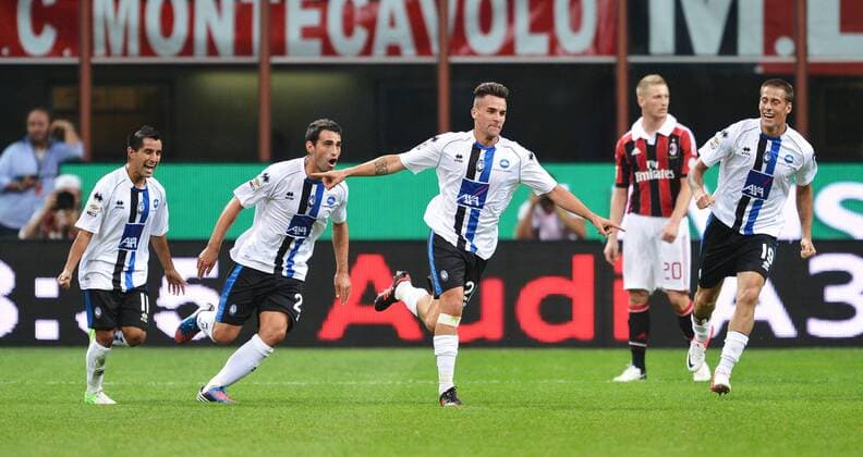 Luca Cigarini (3L) Atalanta 0-1 Goal celebration Milano 15 9 2012 Stadio Giuseppe Meazza San Siro Football Calcio Serie A 2012 2013 AC Milan vs Atalanta Bergamo andreaxstaccioli