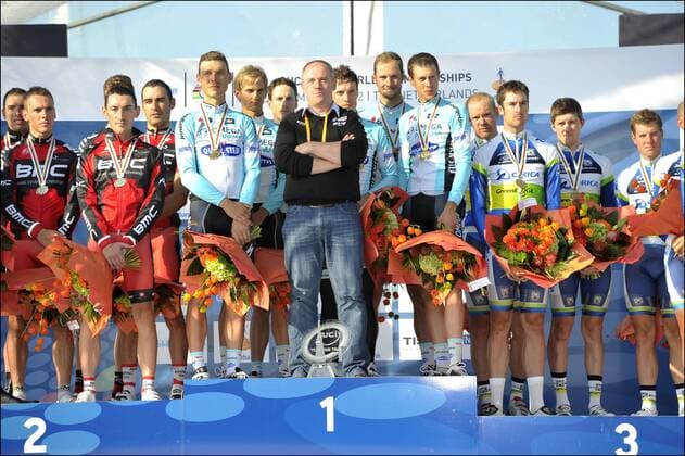 Team Omega Pharma - Quickstep (Quick Step) with Nicky Terpstra, Tom Boonen, Sylvain Chavanel, Kristof Vandewalle, Peter Velits, Tony Martin and team director Tom Steels WM Limburg Zeitfahren Team Mannschaftszeitfahren 16 09 2012 xPhotoNewsxPanoramicx 
