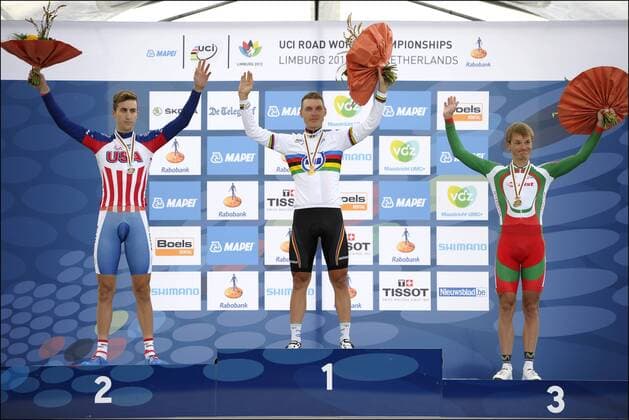 Tony Martin ( Allemagne ) Medaille d or - Taylor Phinney ( USA ) Medaille d argent - Vasil Kiryienka ( Bielorussie ) medaille de bronze CYCLISME : Championnat du monde - Course contre la montre hommes - Valkenburg - Pays Bas - 19 09 2012 PhotoNews Panoramic 