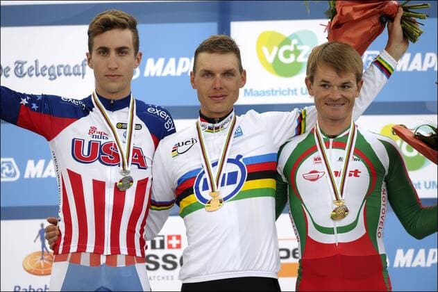 Tony Martin ( Allemagne ) Medaille d or - Taylor Phinney ( USA ) Medaille d argent - Vasil Kiryienka ( Bielorussie ) medaille de bronze CYCLISME : Championnat du monde - Course contre la montre hommes - Valkenburg - Pays Bas - 19 09 2012 PhotoNews Panoramic 