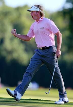 Sept. 23, 2012 - Atlanta, GA, USA - Brandt Snedeker reacts to chipping it in the hole for a birdie to go 11-under par on the 17th green to win the Tour Championship and FedExCup at East Lake Golf Club in Atlanta, Georgia on Sunday, September 23, 2012. Snedeker finished his round at 10-under par for a three-stroke victory over Justin Rose to take home both trophies. Tour Championship - ZUMAm67