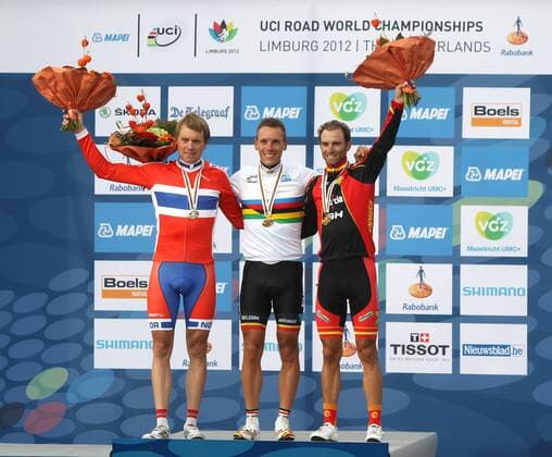 Radsport - UCI ROAD WORLD CHAMPIONSHIPS 2012- 23.09.2012, INDIVIDUAL ROAD RACE - MEN ELITE, PODIUM: Edvald BOASSON HAGEN (NOR), Philippe GILBERT (BEL), Alejandro VALVERDE (ESP), -