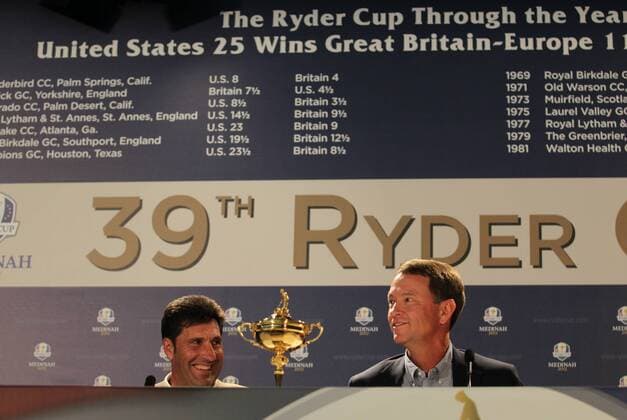 PGA-Ryder Cup 2012 Jose Maria Olazabal and Davis Love III answer questions in the Medinah media center Monday afternoon. 