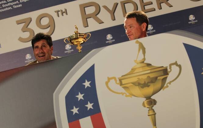PGA-Ryder Cup 2012 Jose Maria Olazabal and Davis Love III answer questions in the Medinah media center Monday afternoon. 