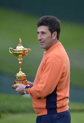 European team captain Jose Maria Olazabal of Spain poses with the Ryder Cup trophy before the start of the 39th Ryder Cup at Medinah Country Club on Tuesday, September 25, 2012 in Medinah, Illinois. Ryder Cup tournament play begins Friday. 