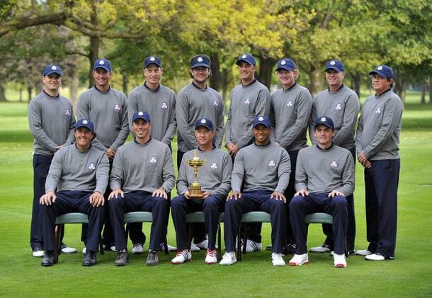 United States Ryder Cup team members Zach Johnson (L-R) Webb Simpson, Jim Furyk, Bubba Watson, Dustin Johnson, Brandt Snedeker, Steve Stricker , Jason Dufner (back row L-R), Phil Mickelson, Matt Kuchar, team captain Davis Love III, Tiger Woods and Keegan Bradley pose for a team photo at the 39th Ryder Cup at Medinah Country Club on Tuesday, September 25, 2012 in Medinah, Illinois. Ryder Cup tournament play begins Friday. BKX2012092535