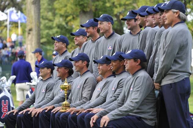 The United States Ryder Cup team with vice captains pose for a team photo at the 39th Ryder Cup at Medinah Country Club on Tuesday, September 25, 2012 in Medinah, Illinois. Ryder Cup tournament play begins Friday.  BKX2012092537